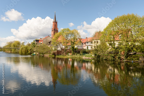 St. Marien-Andreas church at the city canal at the old harbour in Rathenow	