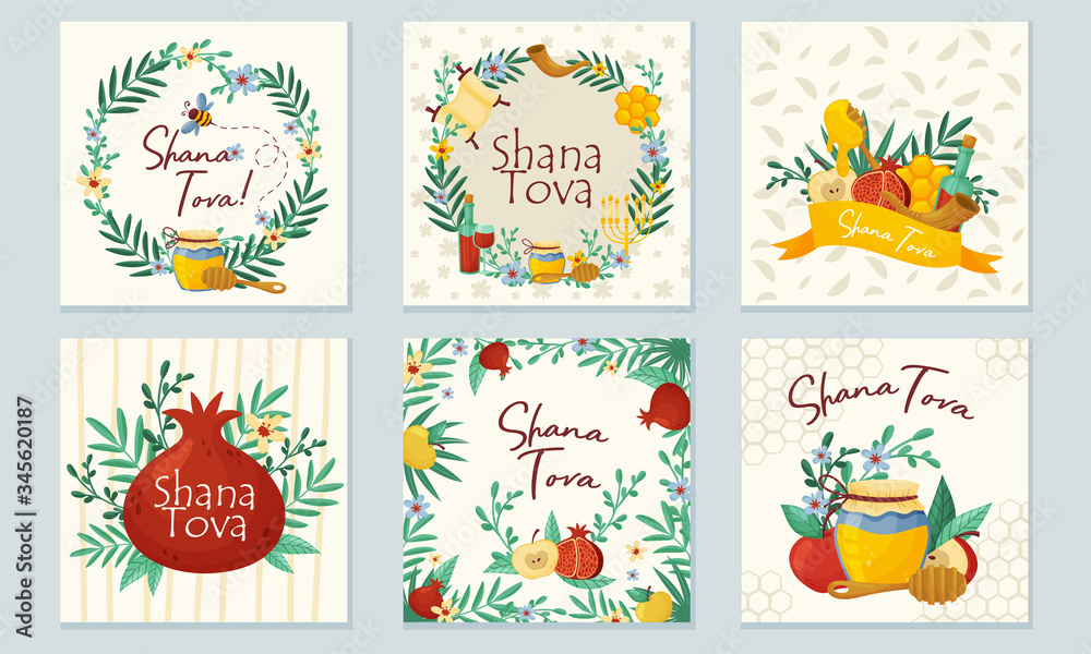 Rosh Hashana Jewish Holiday Greeting Cards with Attributes and Symbolic Food Vector Set