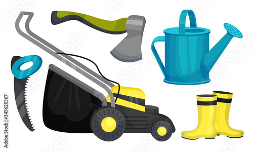 Tools and Equipment for Gardening or Farming with Wood Chopper and Lawn Mower Vector Set