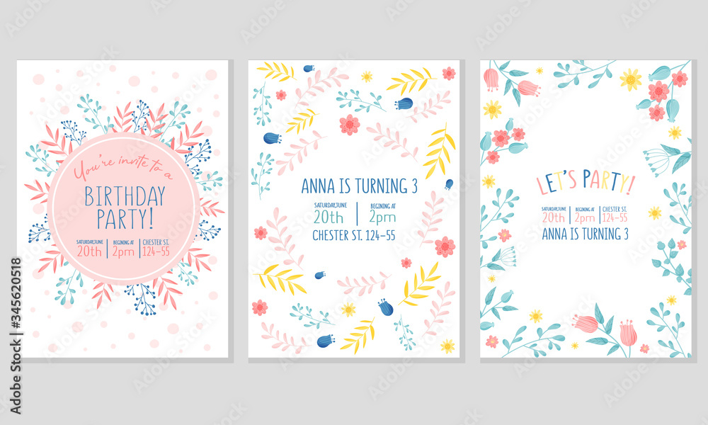 Birthday Party Invitation Vertical Card with Floral Elements Vector Set