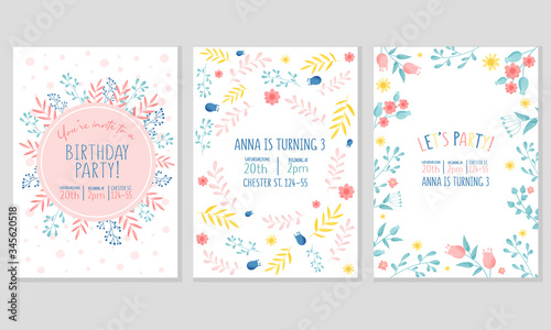 Birthday Party Invitation Vertical Card with Floral Elements Vector Set