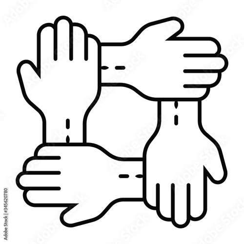 Four hands hold together for the wrist other. Four connected hands