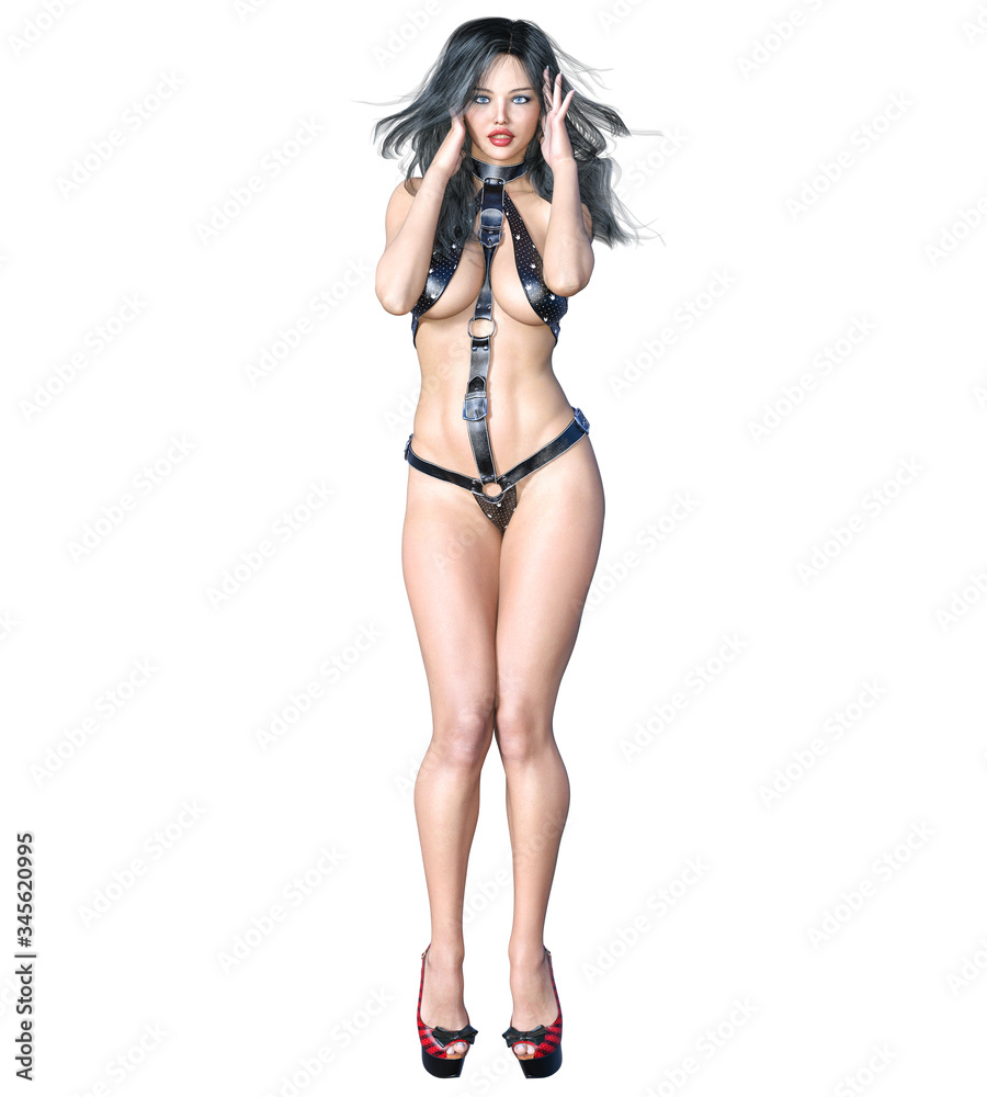 Tall woman in extravagant sexy leather lingerie. Tall woman in extravagant sexy leather lingerie.