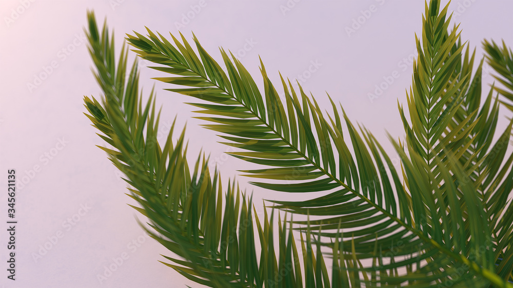 Naklejka premium 3d render of green palm leaves on blue background. Foliage with the depth of field.