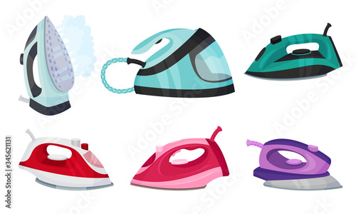 Irons as Electric Household Appliance for Steaming Clothes Vector Set