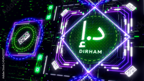 UAE dirham currency symbol on futuristic neon background. Business theme