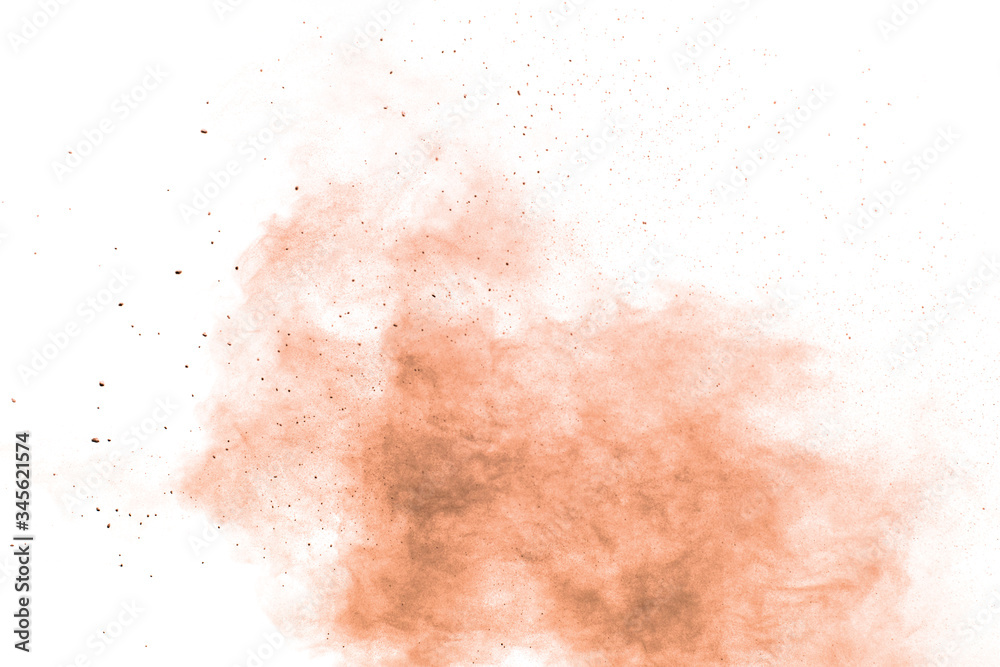 Freeze motion of brown powder exploding. Abstract design of brown dust cloud against white background.