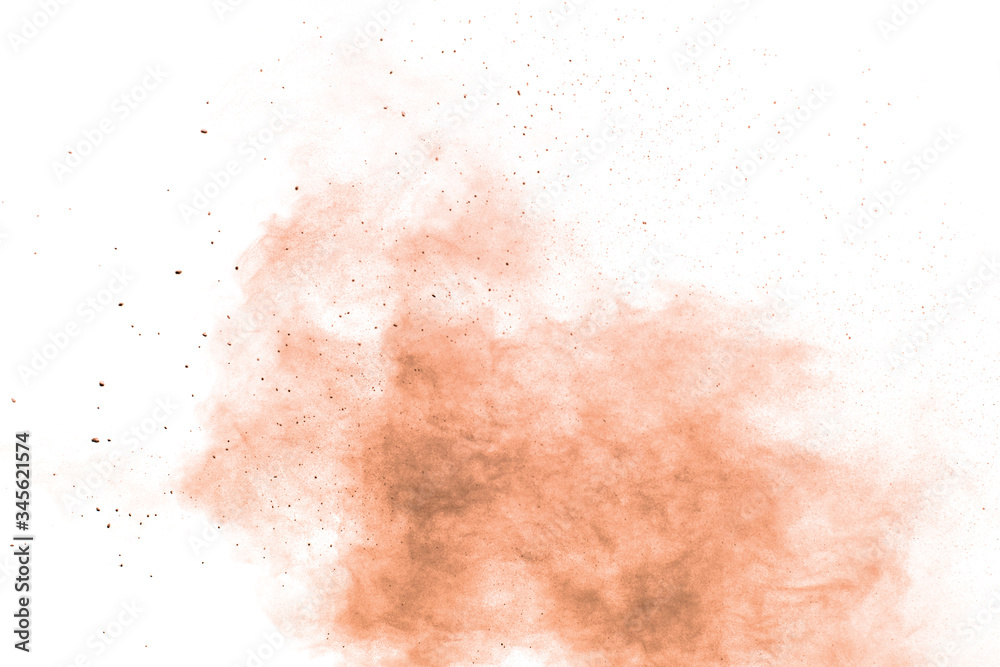 Fototapeta premium Freeze motion of brown powder exploding. Abstract design of brown dust cloud against white background.