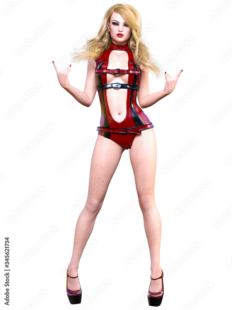 Tall woman in extravagant sexy latex body suite. Tall woman in extravagant sexy latex body suite.