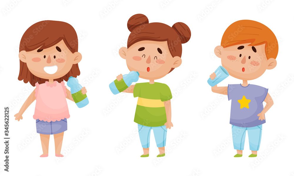 Kid Characters Standing and Drinking Still Mineral Water from Plastic Bottle Vector Illustrations Set