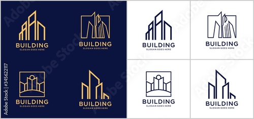 Building logo designs. construction logo design with line art style. Premium Vector