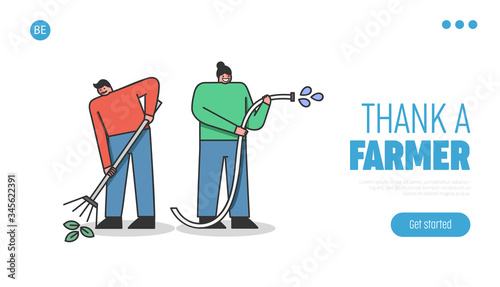 Concept Of Gardening And Farming. Website Landing Page. People Working On Farm. Cheerful People Watering Plants With Hose, And Raking Leaves. Web Page Cartoon Linear Outline Flat Vector Illustration