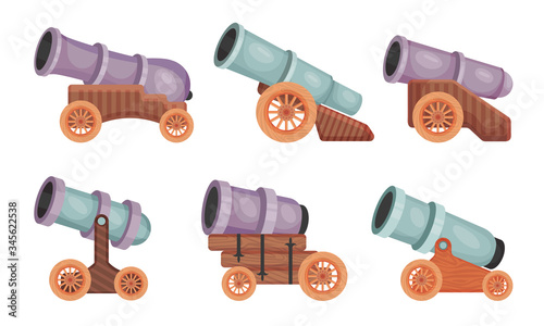 Cannon with Wooden Wheeled Gun Carriages Vector Set