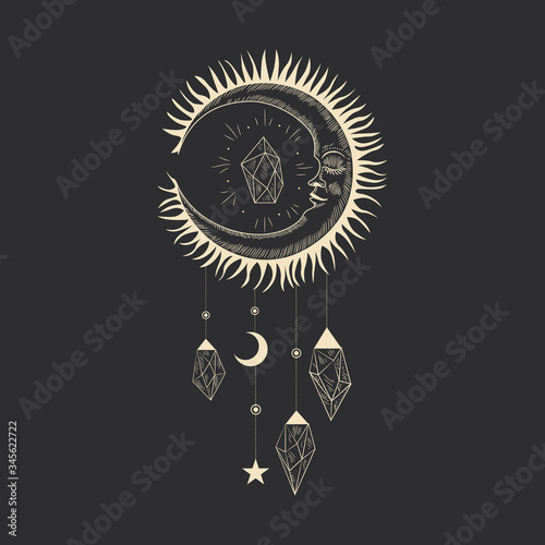 Vector illustration set of moon phases. Different stages of moonlight activity in vintage engraving style. Zodiac Signs, shining crystals, female hand