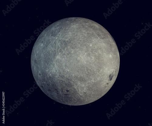 Full moon on black night sky background, with craters and surface details visible, map provided by nasa