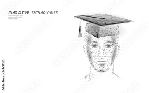 E-learning distance graduate certificate male concept. Low poly 3D render graduation cap webinar training master class man banner template. Internet education course degree vector illustration