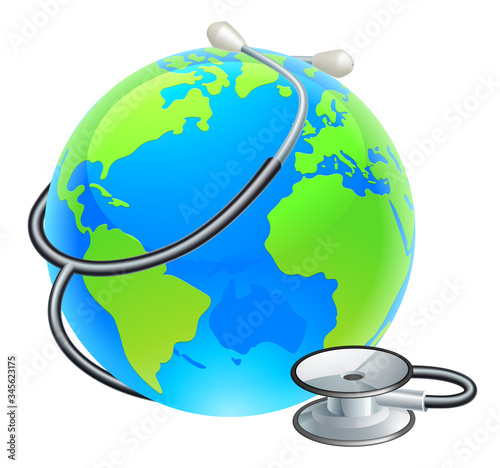 Earth world globe with a medical stethoscope wrapping around it.