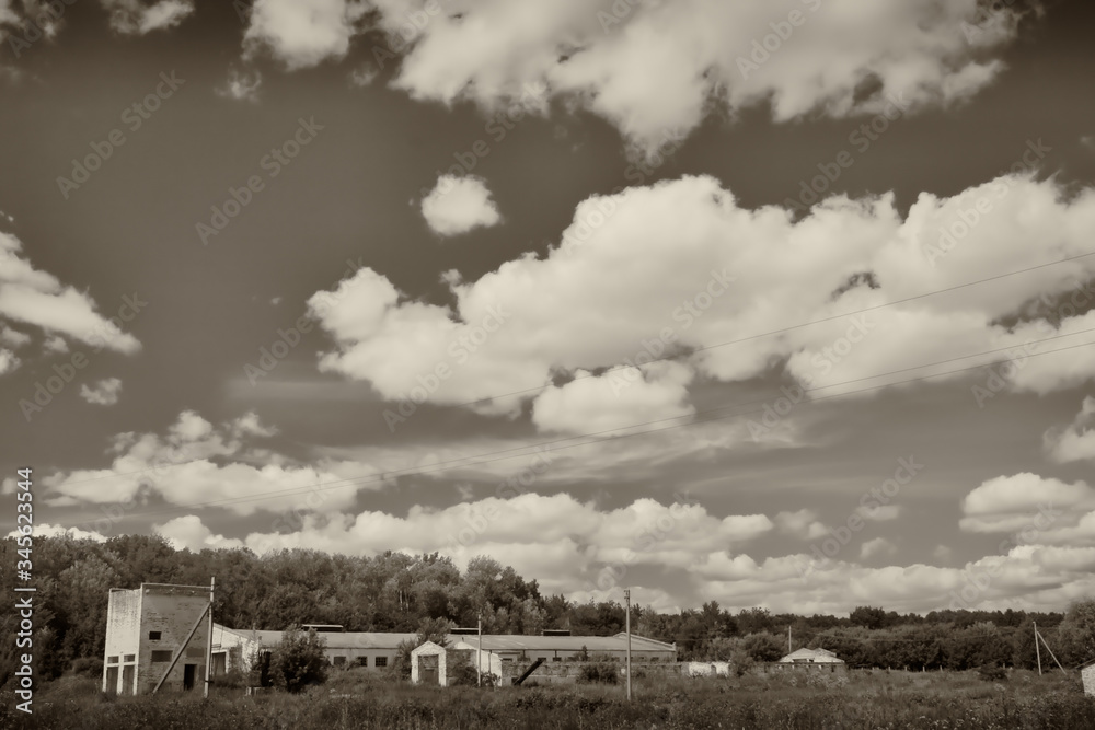 Summer day. In the frame, the countryside. Farm and trees. Horizontal frame. Photographed in Ukraine, Kharkiv region. Black and white image. Summer day. In the frame, the countryside. Farm and trees. Horizontal frame. Photographed in Ukraine, Kharkiv region. Black and white image.