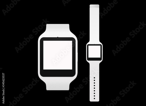 3D illustration of white and black smart watch model with white display and bracelet on a black background
