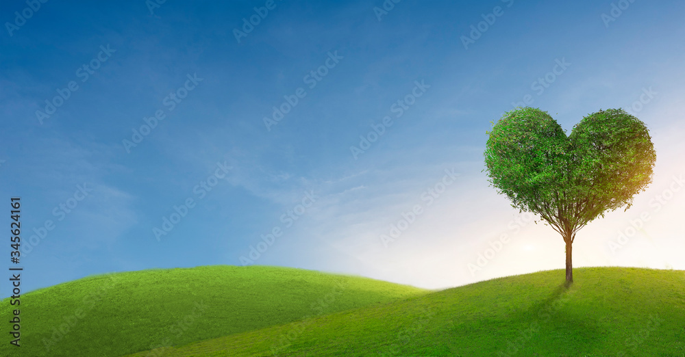Green mountain with heart shape tree under blue sky. Beauty nature,for good environment. Green mountain with heart shape tree under blue sky. Beauty nature,for good environment.