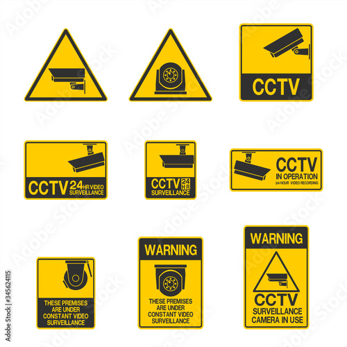 Set of CCTV warning sign on white background