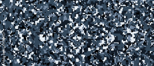 Dark blue, white and black Pixel Camouflage. Digital Camo background, military pattern, army and sport clothing, urban fashion. Vector Format. 21:9 aspect ratio.