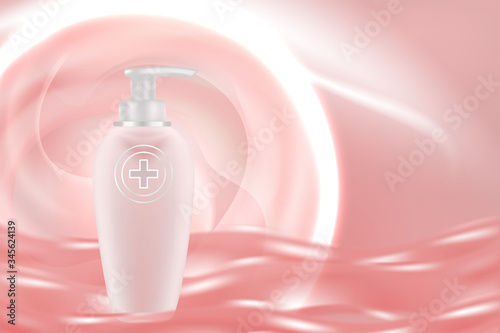 Beauty product ad design, pink cosmetic container with collagen solution advertising background ready to use, luxury skin care banner, illustration vector.