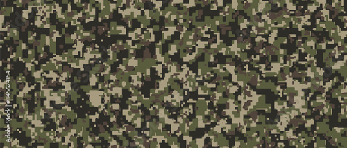 Brown, green and black Pixel Camouflage. Khaki Digital Camo background, military pattern, army and sport clothing, urban fashion. Vector Format. 21:9 aspect ratio.