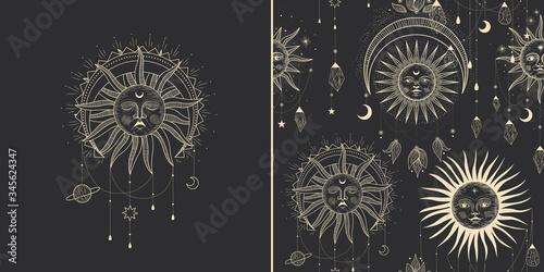 Vector illustration set of moon phases. Different stages of moonlight activity in vintage engraving style. Zodiac Signs, shining crystals, female hand