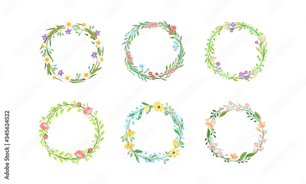 Floral Wreaths with Leafy Tree Branches and Blooming Summer Flowers Vector Set Floral Wreaths with Leafy Tree Branches and Blooming Summer Flowers Vector Set