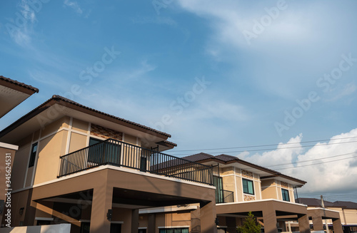 Chonburi Thailand May 1, 2020: Modern cozy house for sale or rent with beautiful blue sky on background. Clear summer evening with blue sky. 