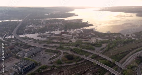 Aerial panorama view of Varna lake and Asparuhov bridge on sunset. Varna is the sea capital of Bulgaria photo