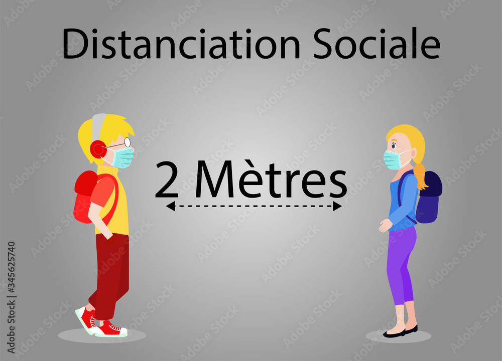 affiche pour la distanciation sociale entre deux personnes ici deux enfants un garçon et une fille qui portent un masque et respectent l'éloignement de 2 mètres sur un fond gris en dégradé