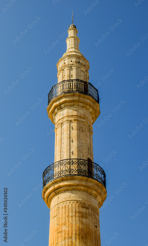 View of minaret, Rethymno mosque. Crete, Greece. 