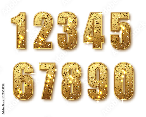 Golden Glitter Number numbers set. Luxury Golden Numbers from 0 to 9 with shimmering glitter isolated on white background. Golden dust, vector illustration.