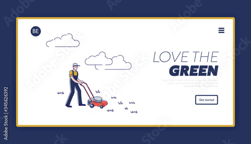 Gardening And Farming Concept. Website Landing Page. Man Mowing Lawn With Lawn mower. Seasonal Agricultural Work. Agriculture and Garden Job. Web Page Cartoon Linear Outline Flat Vector Illustration