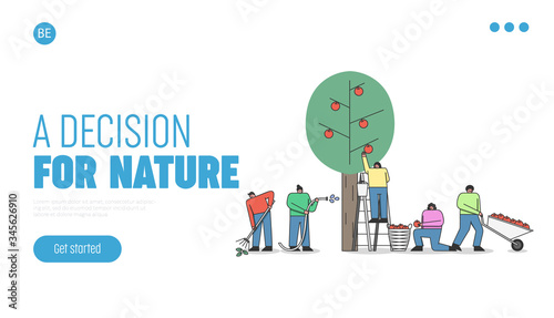 Website Landing Page. Men And Women Working On Apple Plantation. People Picking Apples Into Basket, Watering Trees And Care Of Garden. Web Page Cartoon Linear Outline Flat Style. Vector Illustration
