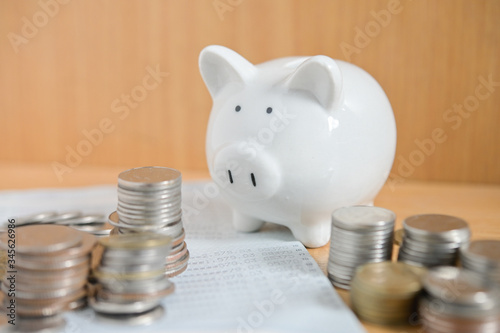Business Concept, Finance investment saving up money for great financial purpose growing in market and business capital, gross profit with coin stacked in pile with copyspace
