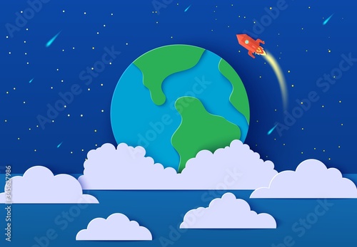 Red rocket launch in space in paper cut style. Absrtact galaxy universe landscape 3d craft background. Cutout spacecraft shuttle fly around Earth planet. Cute vector card for educational kids poster.