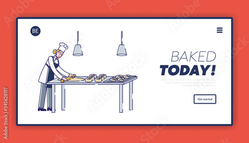 Website Landing Page. Manufacturing Process In Bakery With Female Character Confectioner Roll Out Dough And Make Fresh Bakery Products. Web Page Cartoon Linear Outline Flat Style Vector Illustration