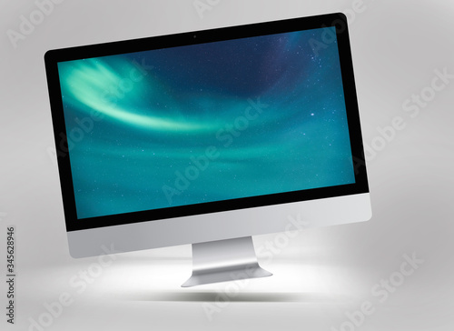 3D illustration of black monitor with silver base and screen in various shades of blue on a light gray background
