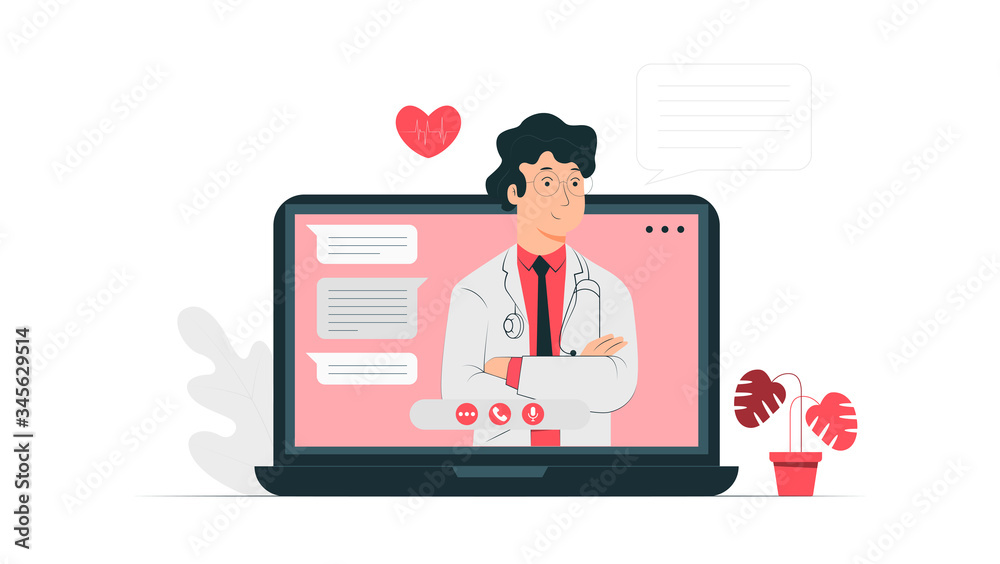 Online medical consultation. Doctor in your computer. Landing page template. Flat vector illustration.