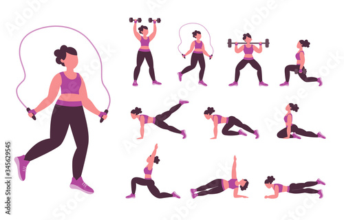 Collection of strength and calisthenics exercises that you can do at home. Set 2 of 2. Vector illustration with characters isolated on white background.