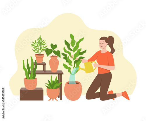 Woman watering her plants, kneeling on the ground. Gardening concept. Vector illustration isolated on white background.