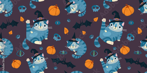 Helloween vector seamless pattern with cute cat in a witch hat, bats and pumpkin.