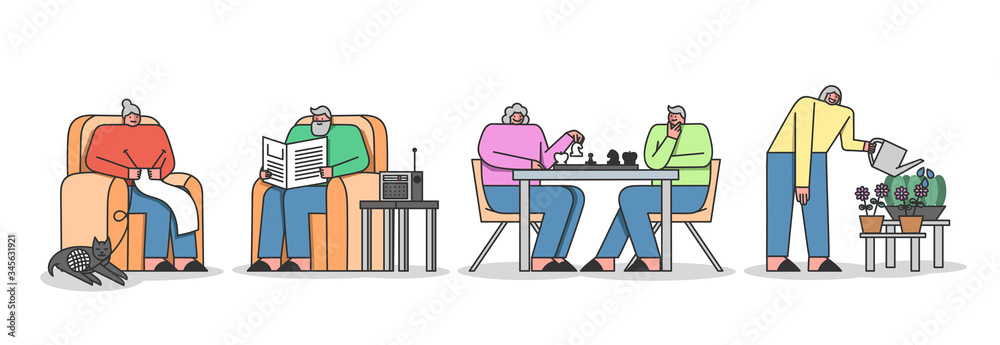 Concept Of Leisure Of Elderly People In Nursing Home. Characters Play Chess, Knitting Read Newspaper Care Of Flowers, Listen To The Music, Have Fun. Cartoon Linear Outline Flat Vector Illustration Concept Of Leisure Of Elderly People In Nursing Home. Characters Play Chess, Knitting Read Newspaper Care Of Flowers, Listen To The Music, Have Fun. Cartoon Linear Outline Flat Vector Illustration