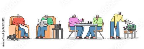 Concept Of Leisure Of Elderly People In Nursing Home. Characters Play Chess, Knitting Read Newspaper Care Of Flowers, Listen To The Music, Have Fun. Cartoon Linear Outline Flat Vector Illustration