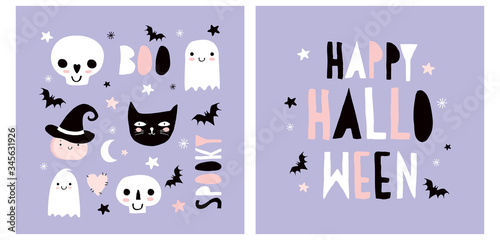 Halloween Hand Drawn Vector Illustration with Cute Pumpkin, Ghosts, Black Cat, Funny Skulls and Bats on a Pastel Violet Background. Kawaii Style Decoration for Halloween Party. Happy Halloween Card.