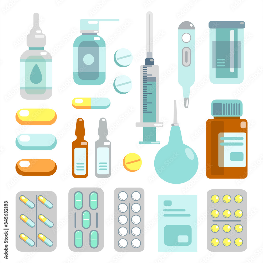 Set of medical supplies, bottles liquids, thermometer, syringe, enema, pills vector flat illustration. Pharmacy purchases. Drugstore concept. Design for pattern, banner, card