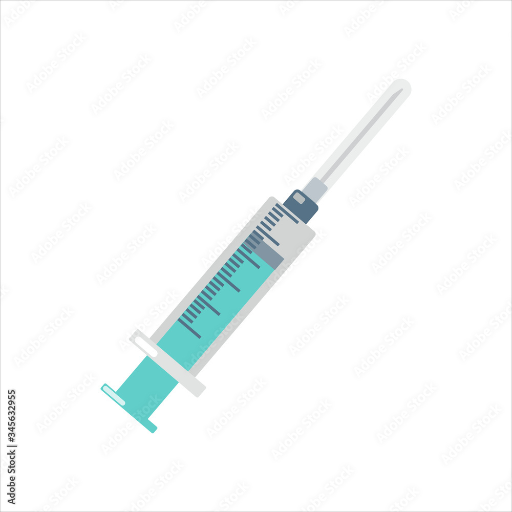Vector illustration of medical syringes with needle in flat minimalism style. Syringe injector application device with needle cover on. Design for medical apps and websites, banner, card, pattern Vector illustration of medical syringes with needle in flat minimalism style. Syringe injector application device with needle cover on. Design for medical apps and websites, banner, card, pattern